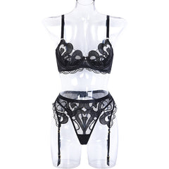 Three Piece Set Of Mesh Embroidered Lingerie Gather Suspenders