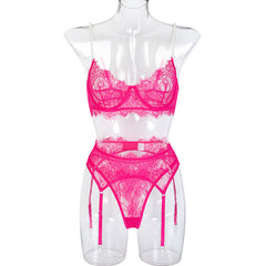 Women's Embroidered Lace Mesh Pearl Sling Lingerie Three Piece Set