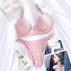 Push Up Deep V LetterBreathable Rhinestones Bra Set