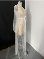 Pearl Mesh Pajamas Lace Dress Lingerie See-through Cape